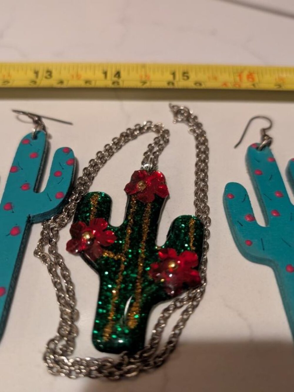 Large Vintage Jewelry set of a Wooden Catus Earrings & Cactus Pendant Necklace